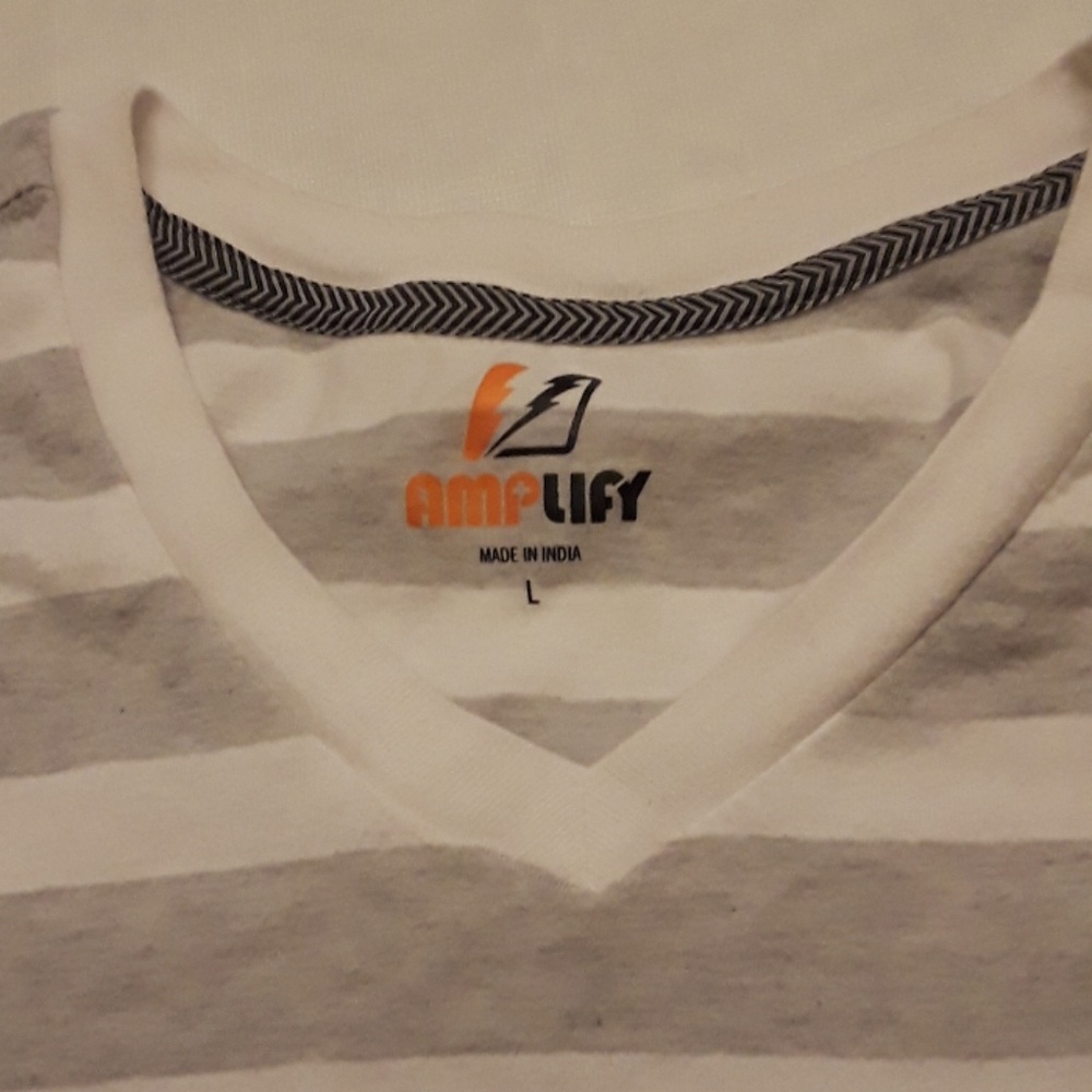 Amplify grey/white stripe vneck tshirt large
